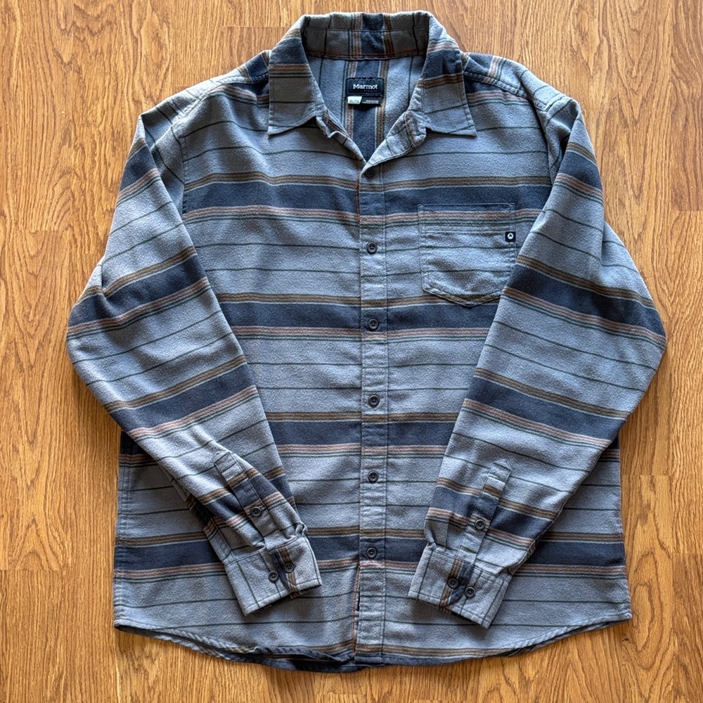 Marmot Men's Grey, Navy and Orange Striped Button Up